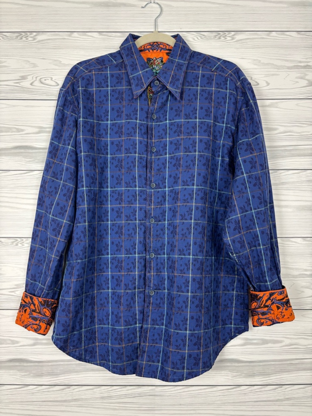 Robert Graham Blue Plaid Button-Down Shirt with Orange Cuff Accents